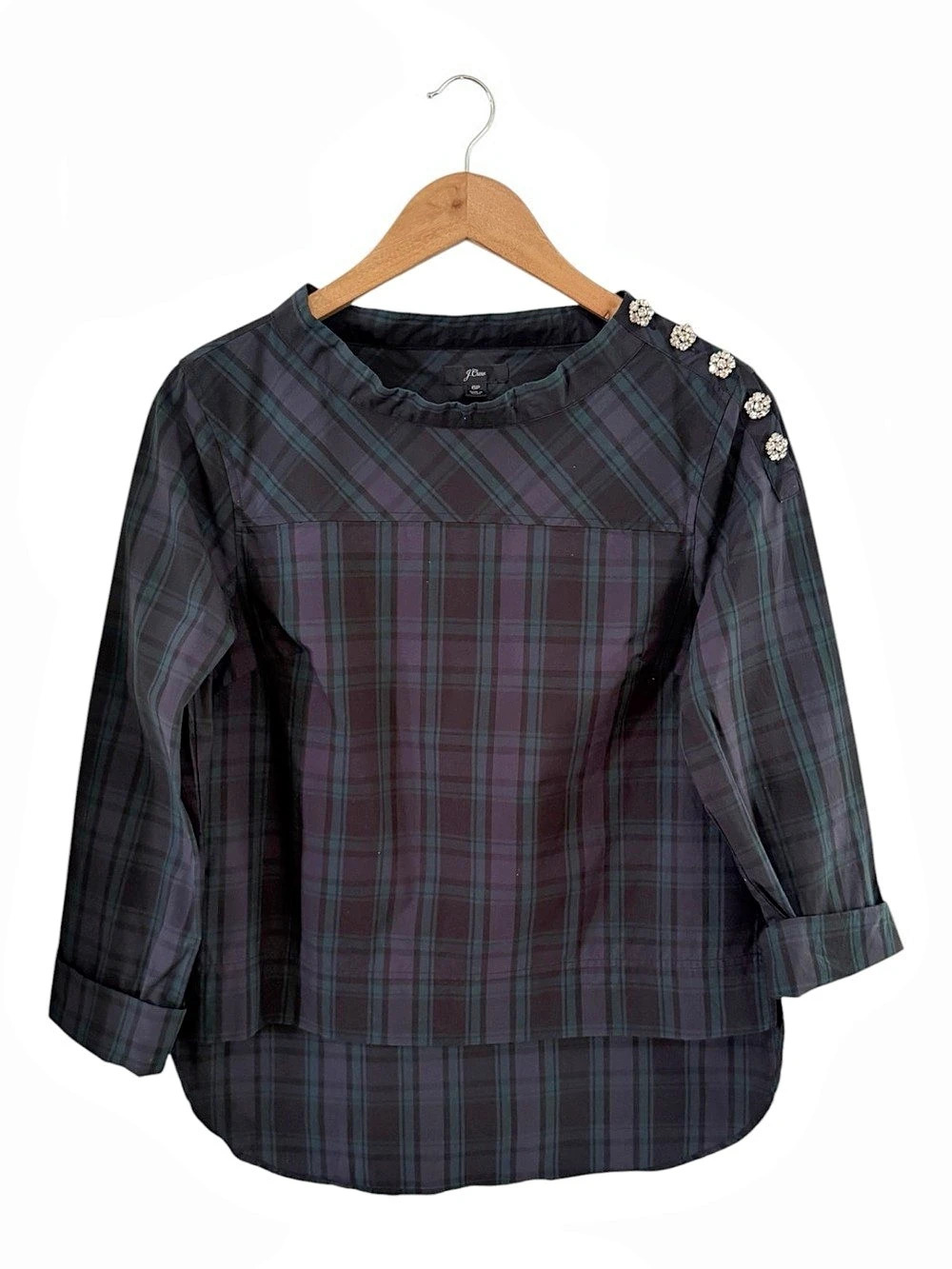 J.Crew Tartan Plaid Blouse in Black & Green Size 6P Like New